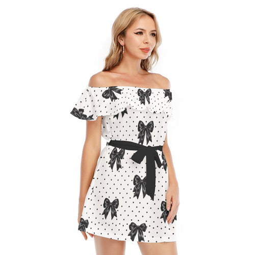 Black Bow & Polka Dot Off-Shoulder Mini Dress