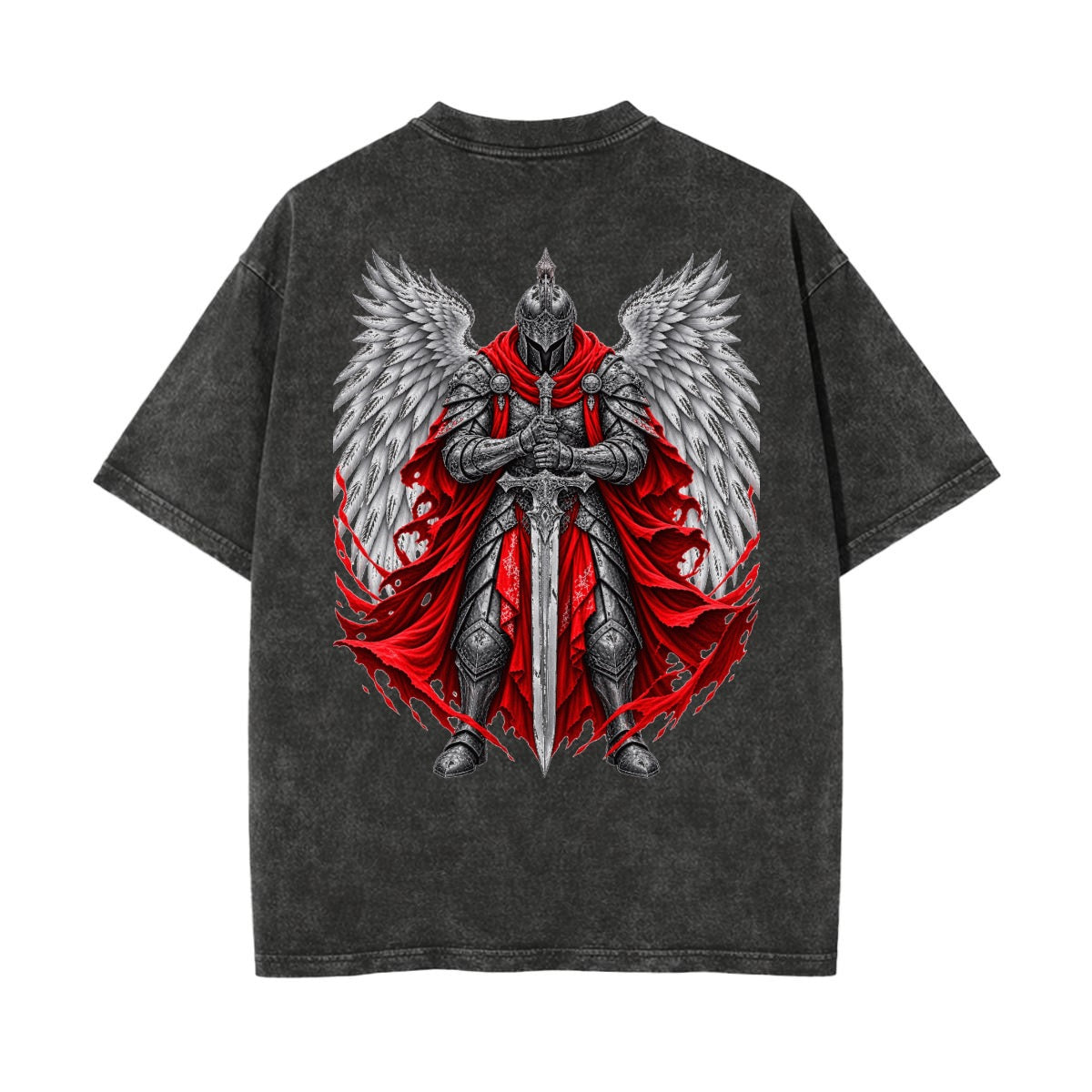 Heaven’s Warrior Angel Graphic Tee – Gothic Cross Front & Winged Knight Back