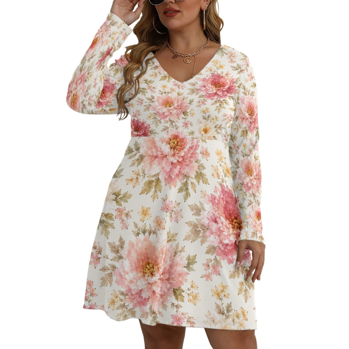 Vintage Floral V-Neck Long Sleeve Dress – Plus Size Pink Botanical Dress