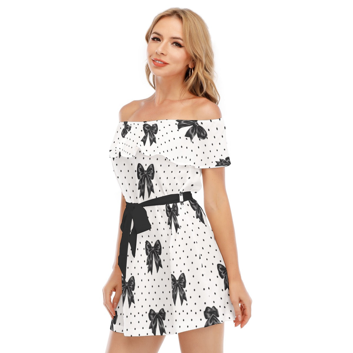 Black Bow & Polka Dot Off-Shoulder Mini Dress