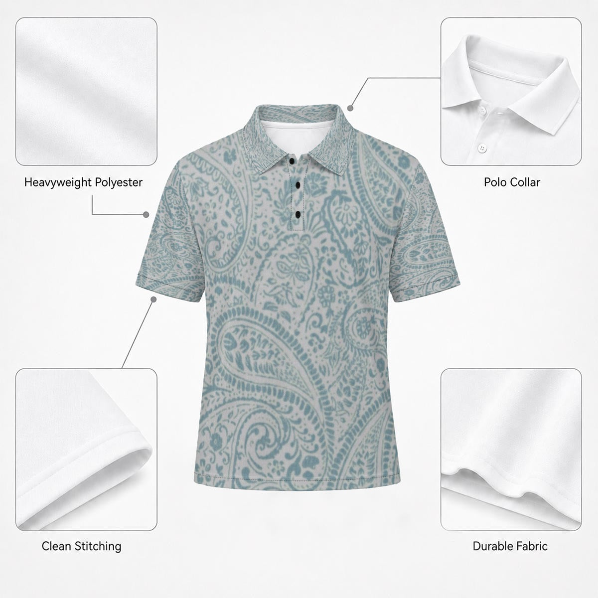 Men’s Aqua Paisley Print Short-Sleeve Polo Shirt