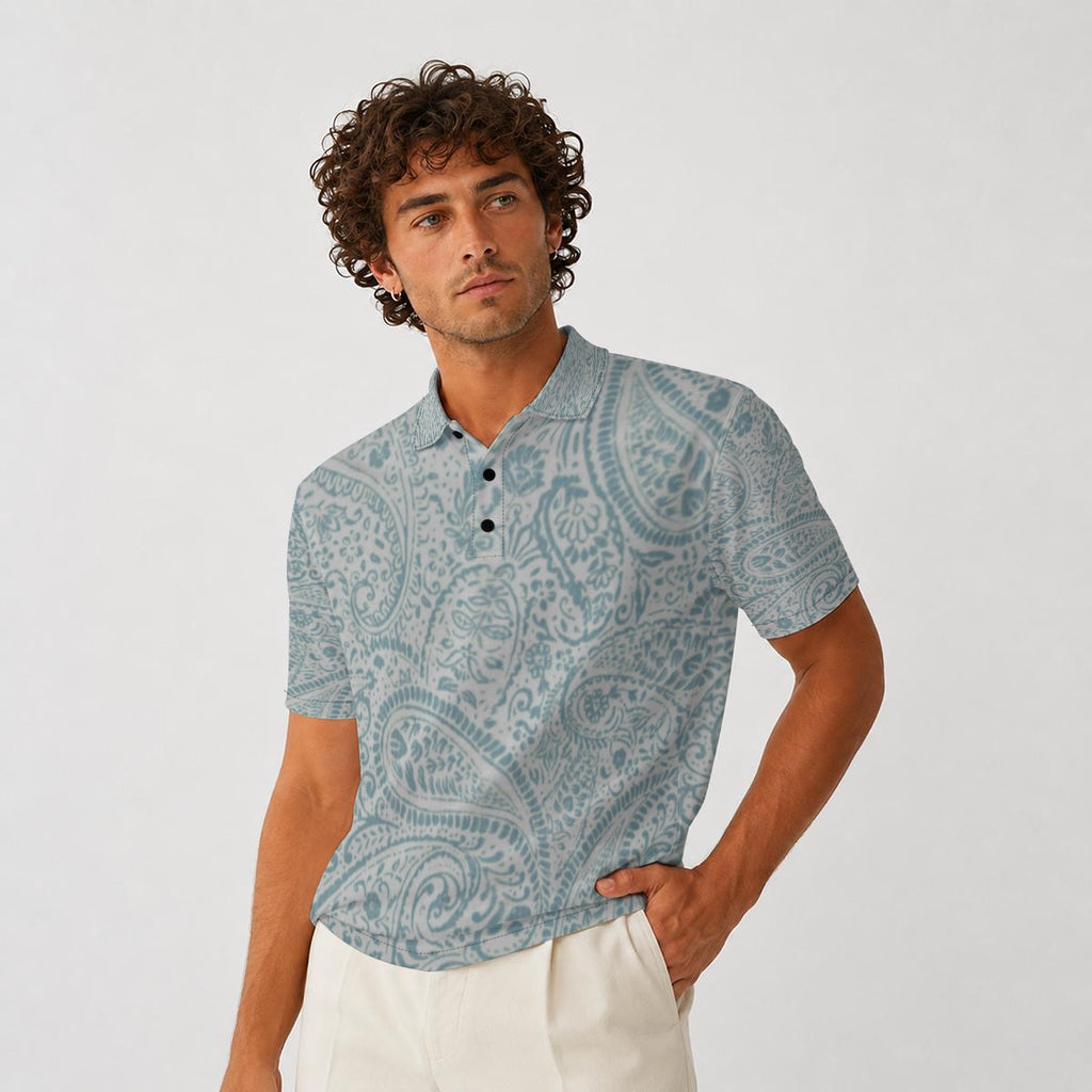 Men’s Aqua Paisley Print Short-Sleeve Polo Shirt