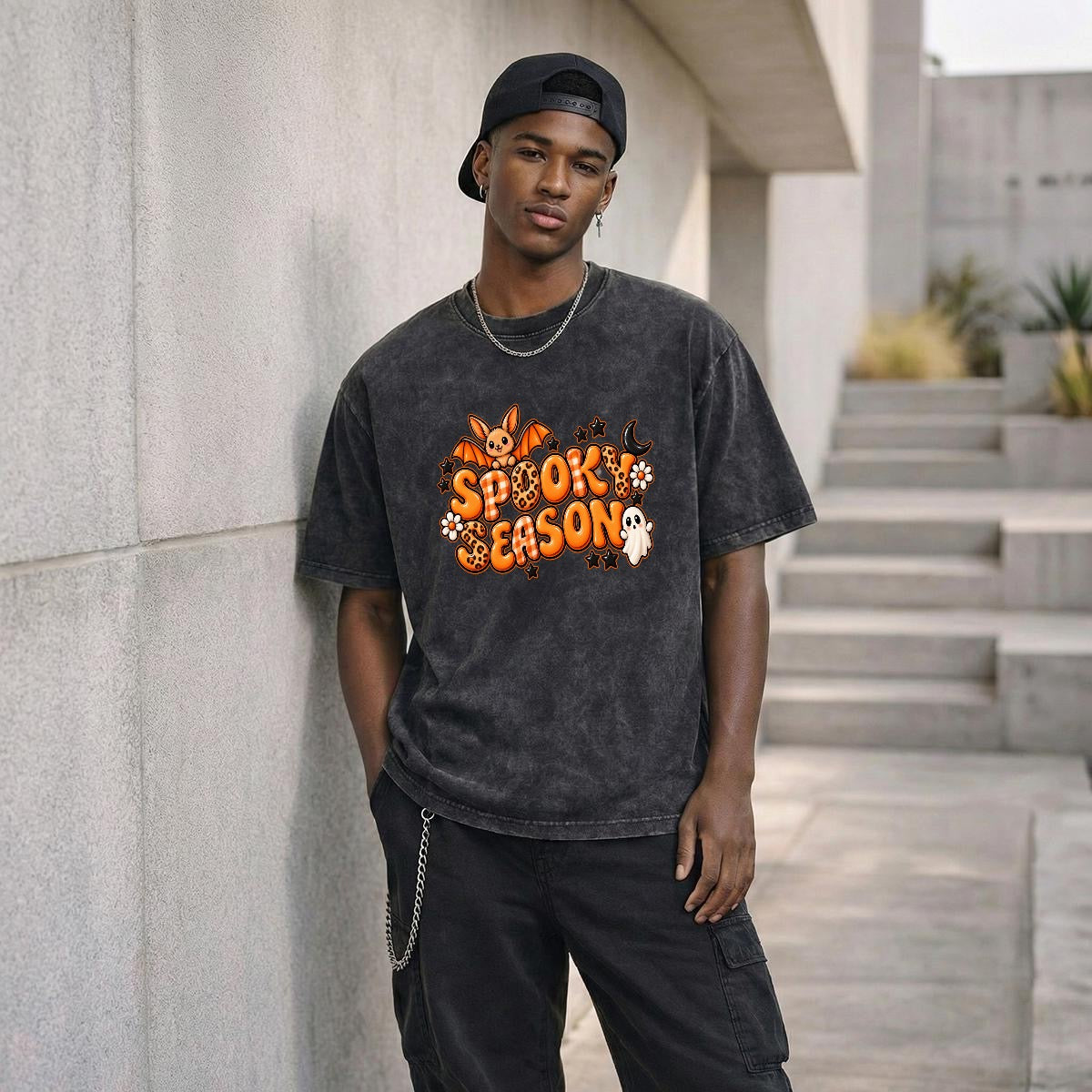 Spooky Season Cute Halloween Graphic Tee – Ghost, Bat & Leopard Print Fall Design