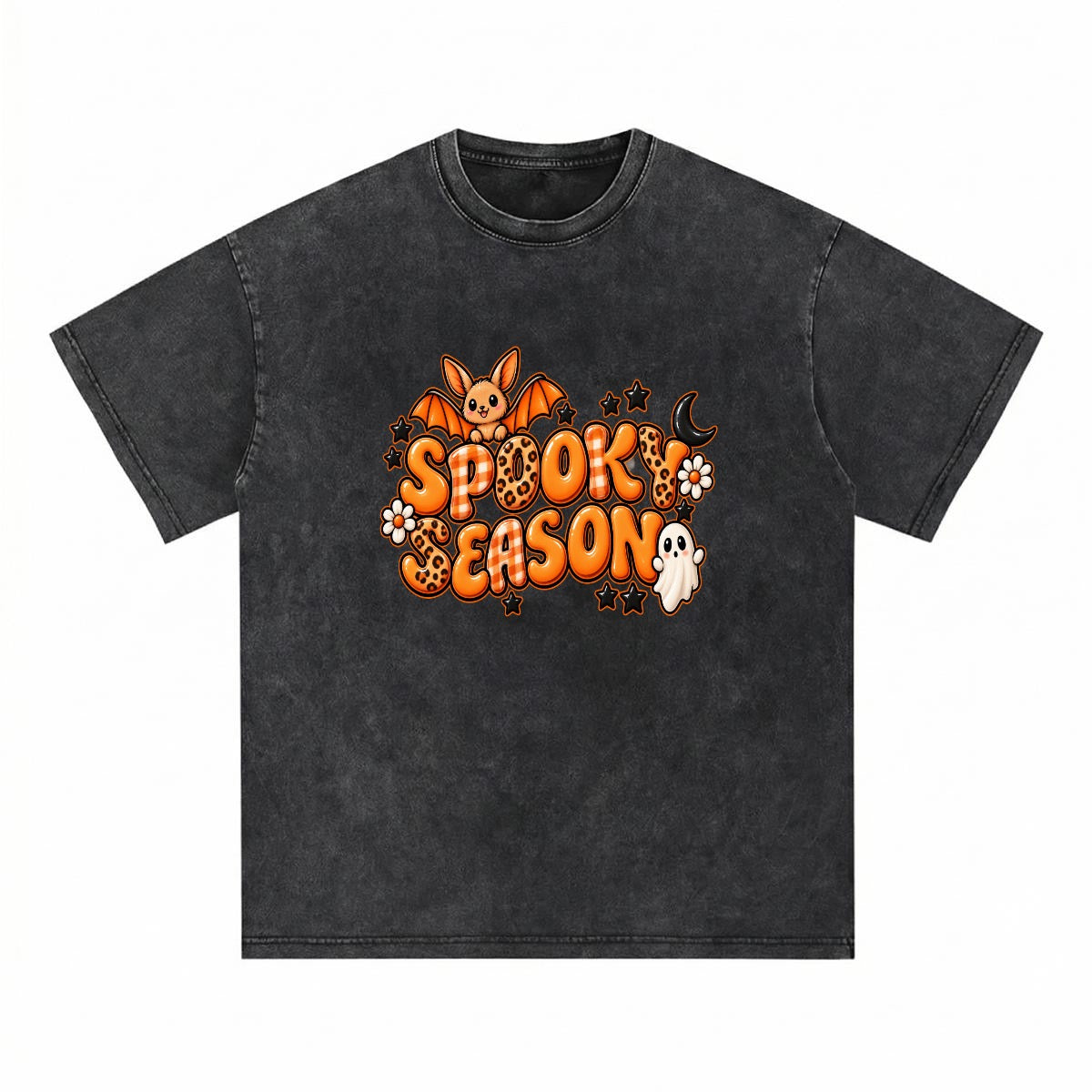 Spooky Season Cute Halloween Graphic Tee – Ghost, Bat & Leopard Print Fall Design