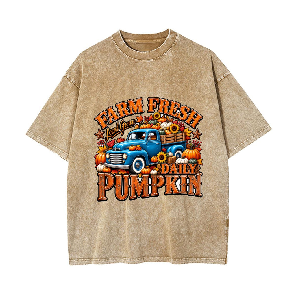 Farm Fresh Pumpkin Truck Fall Vintage Wash Graphic T-Shirt