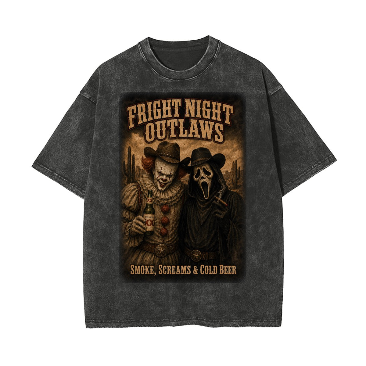 Fright Night Outlaws Vintage Wash Horror Western Oversized Graphic T-Shirt