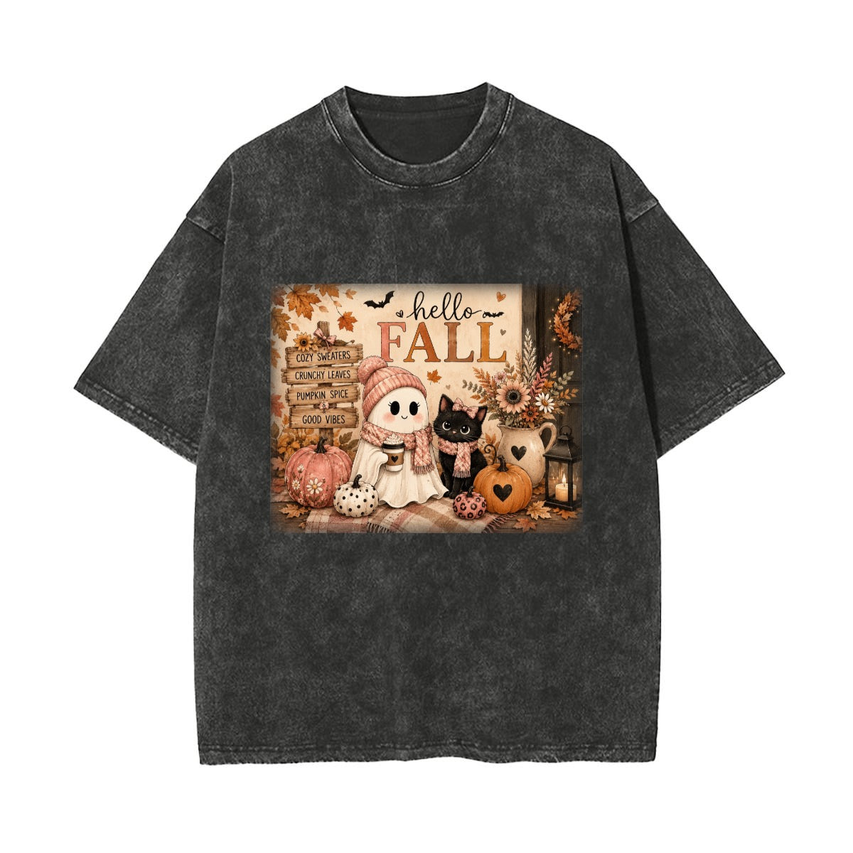 Hello Fall Cute Ghost & Black Cat Vintage Wash Graphic T-Shirt
