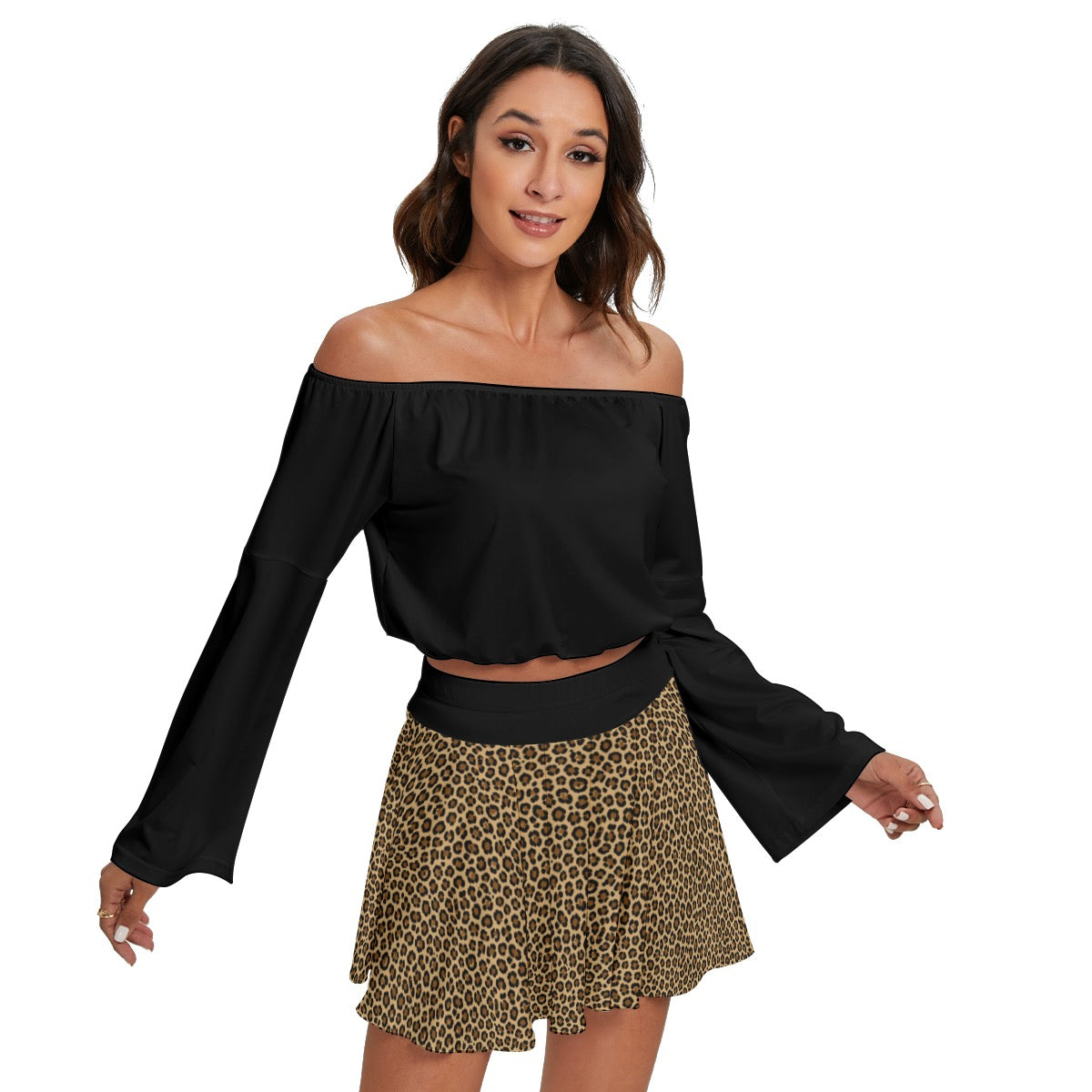 Women’s Off-Shoulder Crop Top & Leopard Print Skort Set