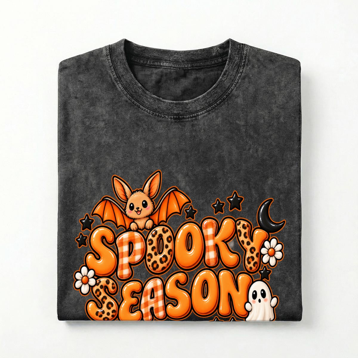 Spooky Season Cute Halloween Graphic Tee – Ghost, Bat & Leopard Print Fall Design