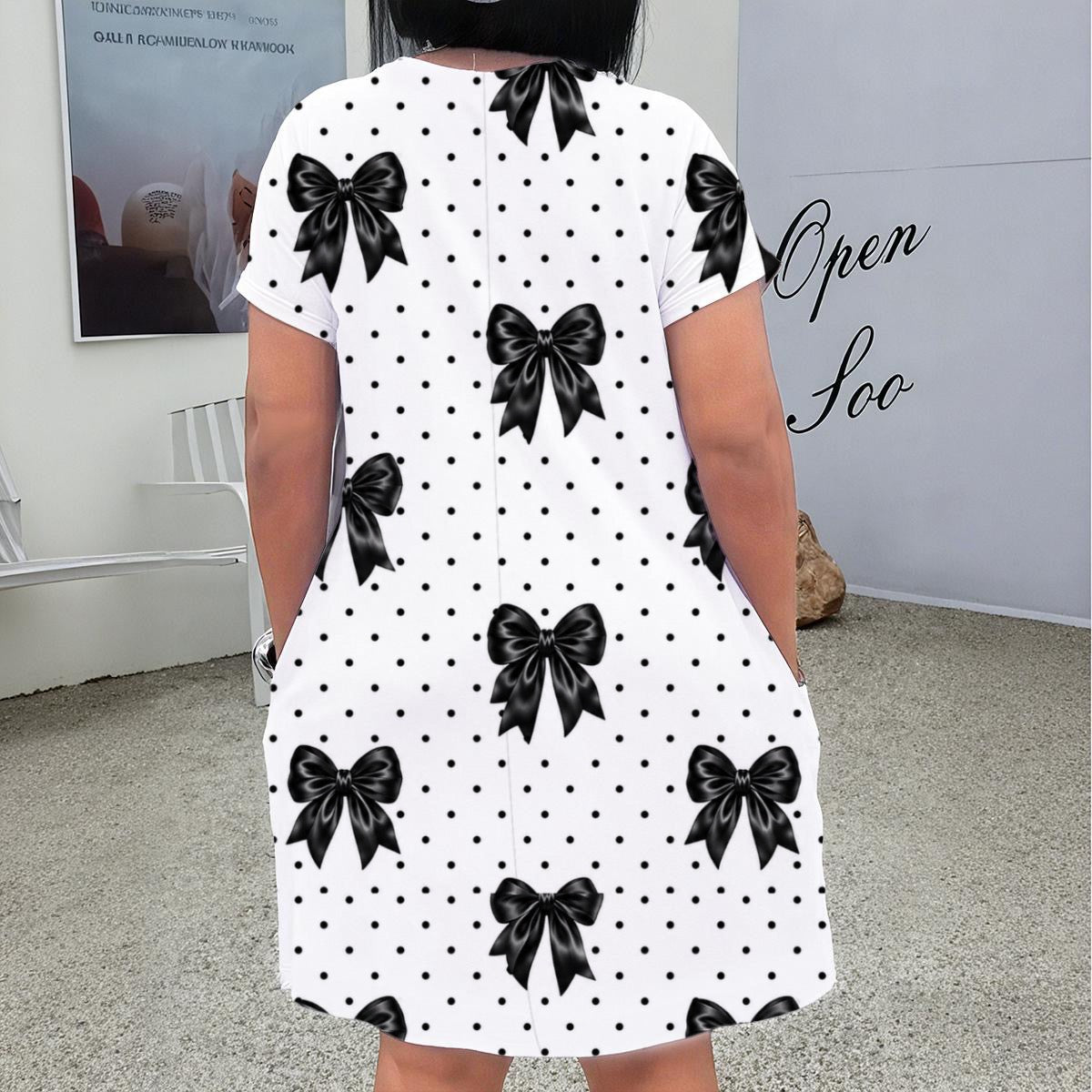 Women’s Black Bow & Polka Dot T-Shirt Dress with Pockets