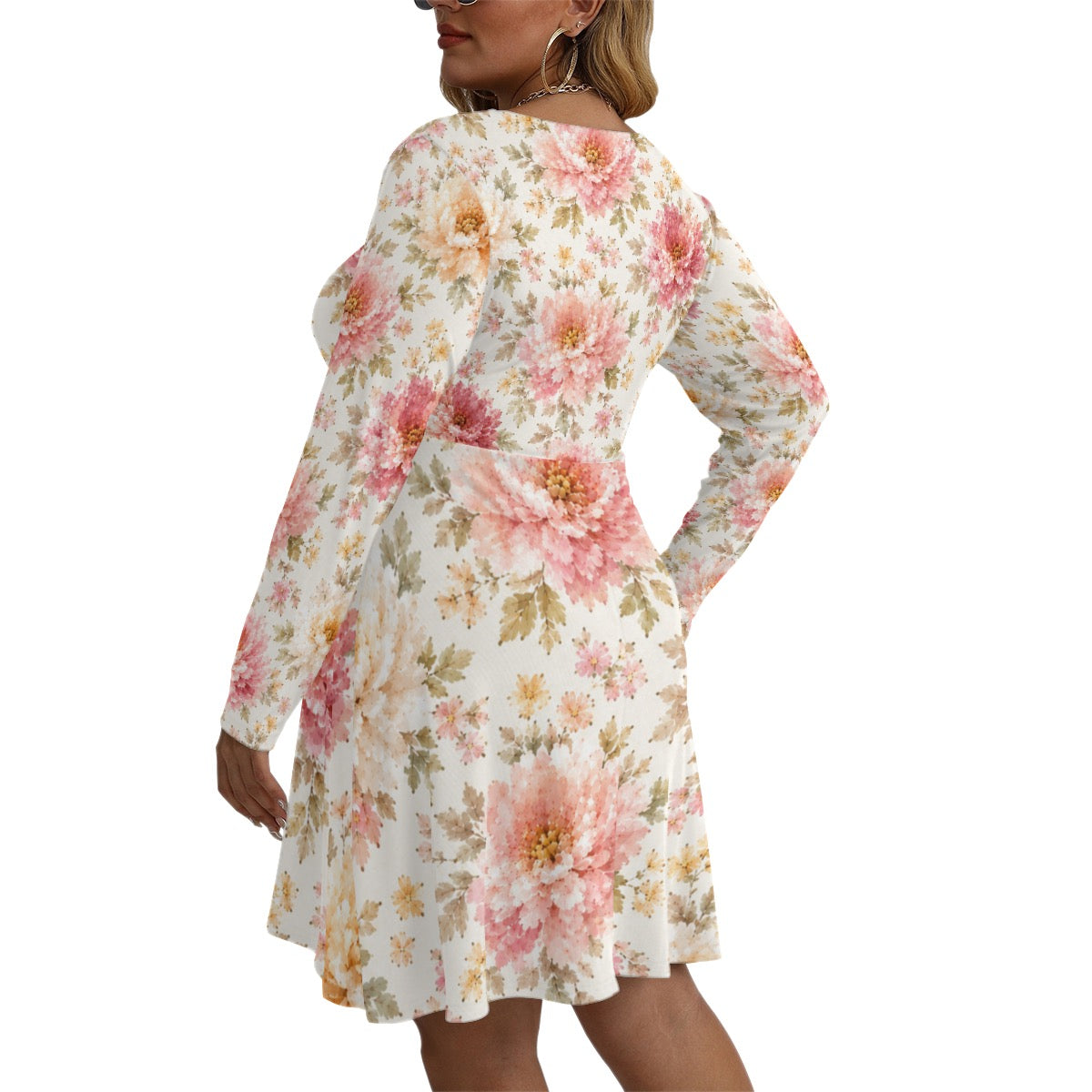 Vintage Floral V-Neck Long Sleeve Dress – Plus Size Pink Botanical Dress