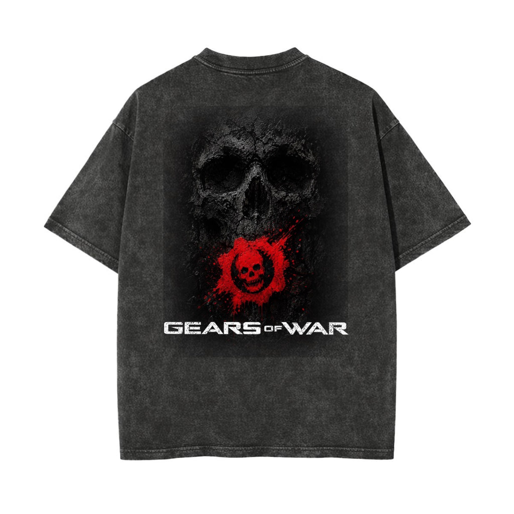 Distressed Skull Gear Graphic T-Shirt – Red & White Gaming Tee