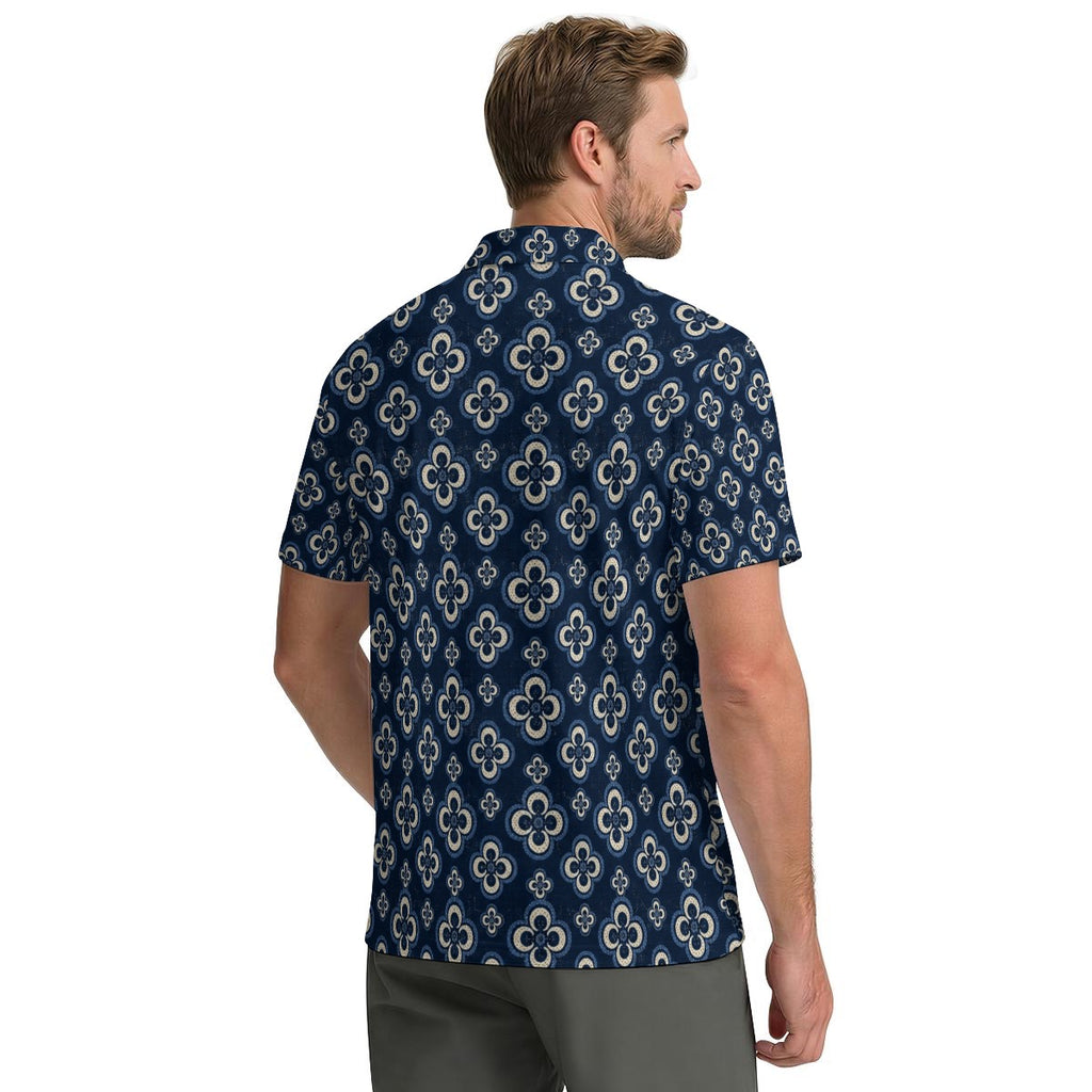 Men’s Navy Geometric Floral Print Polo Shirt