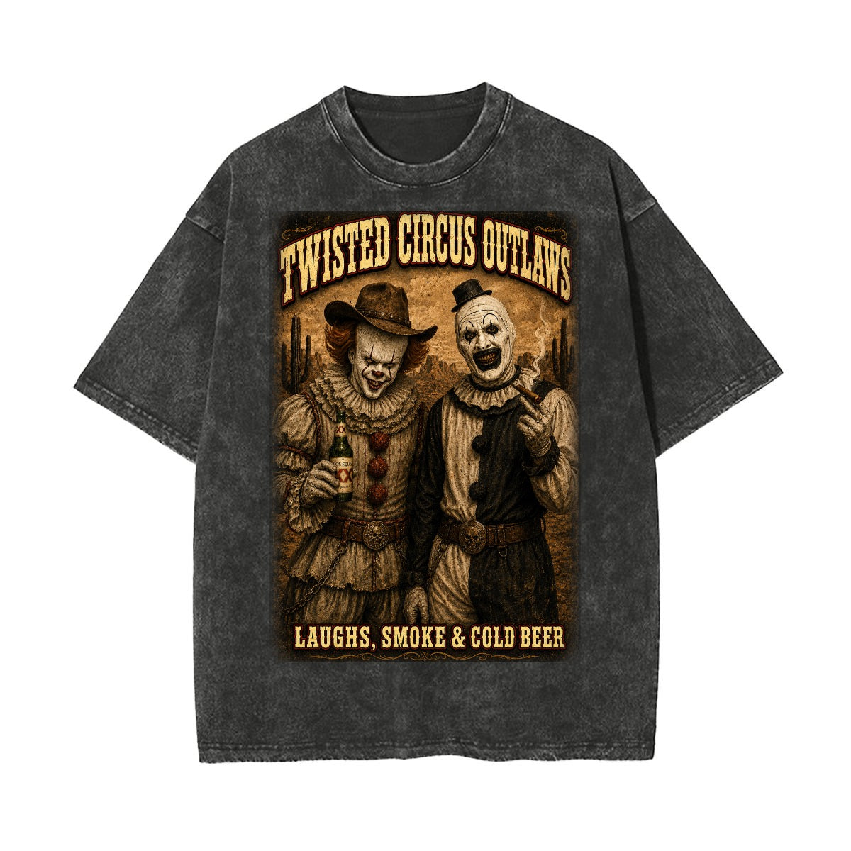 Twisted Circus Outlaws Vintage Wash Horror Clown Oversized Graphic T-Shirt