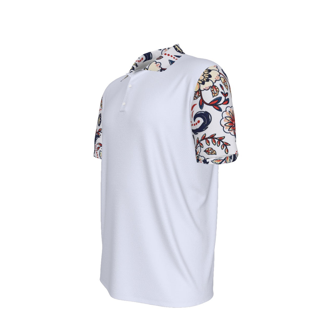 Men’s White Floral Accent Short-Sleeve Polo Shirt