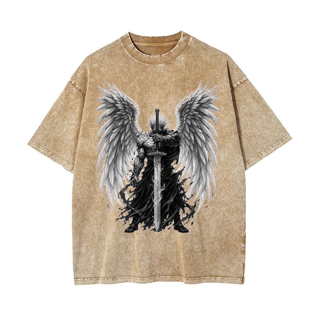 Fallen Angel Warrior Graphic Tee – Vintage Washed Oversized Shirt