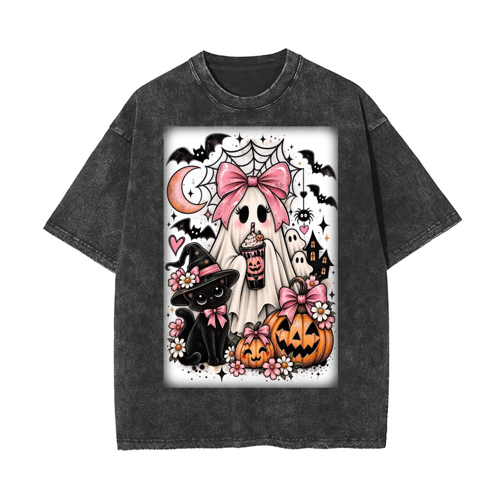 Pink Spooky Ghost & Black Cat Halloween Vintage Wash Graphic T-Shirt