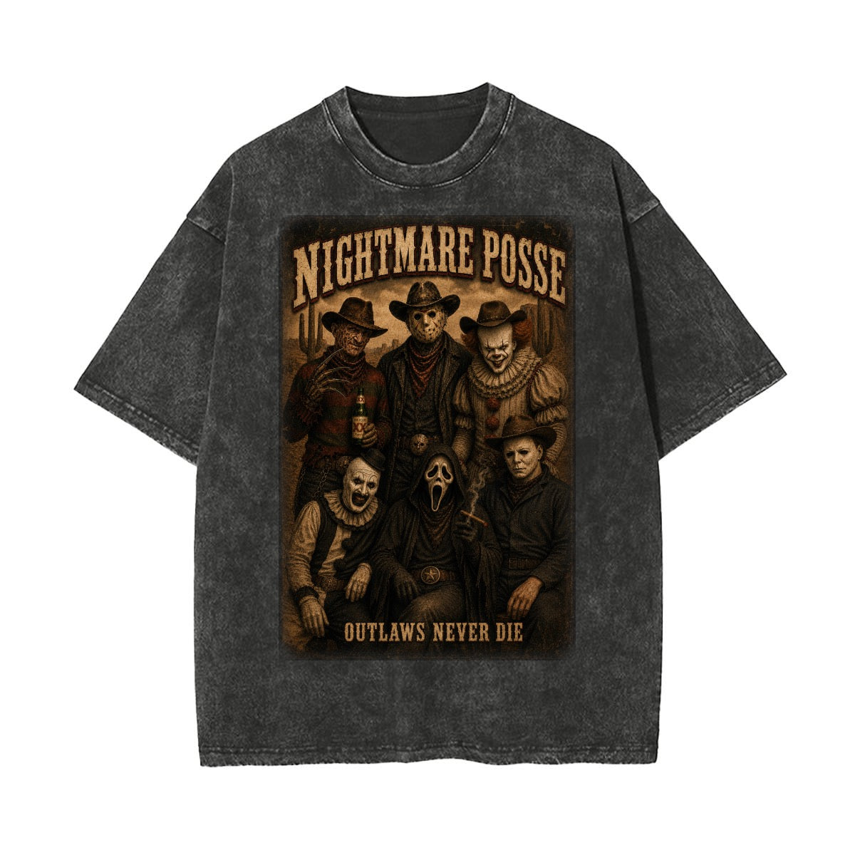 Nightmare Posse Outlaws Never Die Vintage Wash Horror Western Oversized T-Shirt