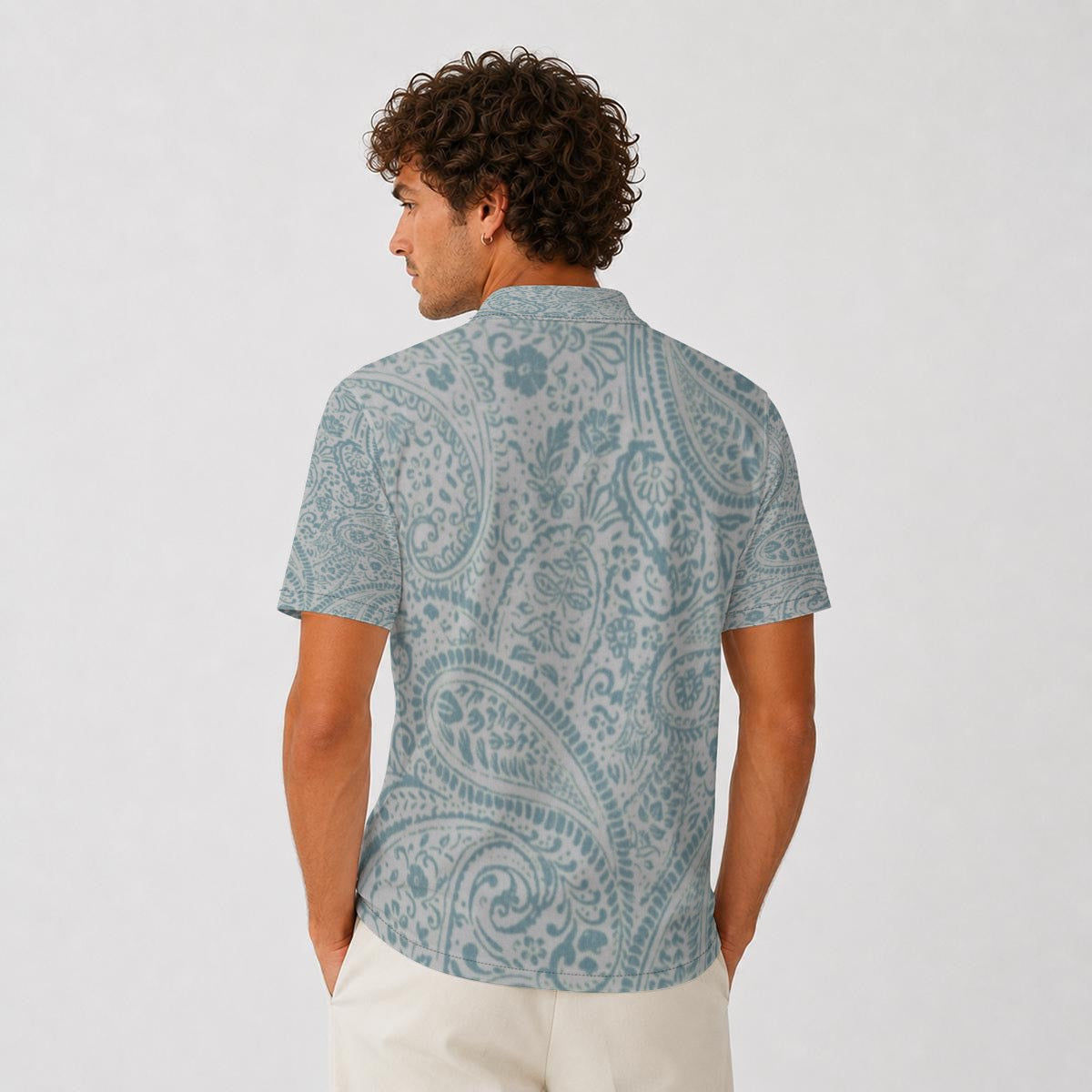 Men’s Aqua Paisley Print Short-Sleeve Polo Shirt