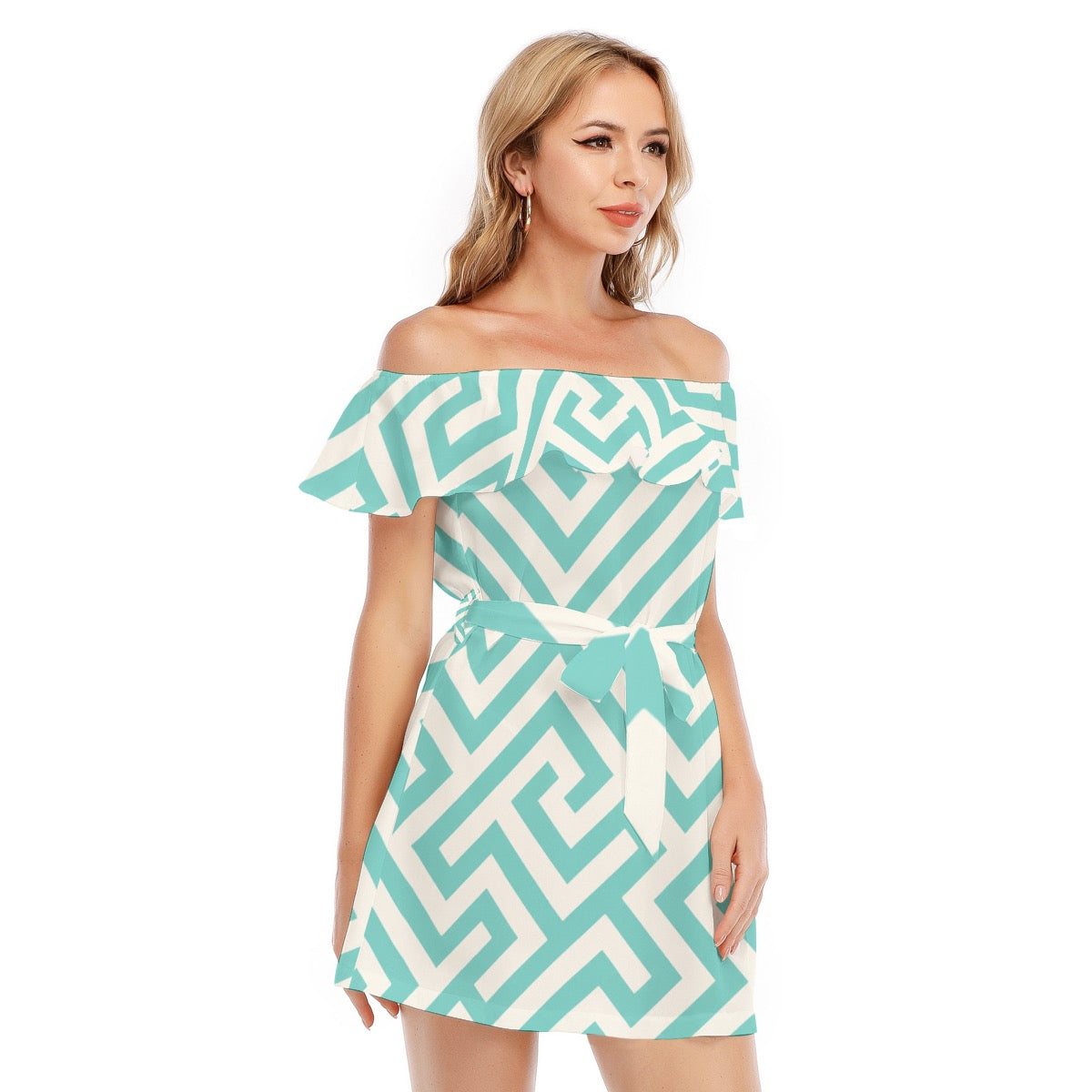 Turquoise Geometric Off-Shoulder Mini Dress