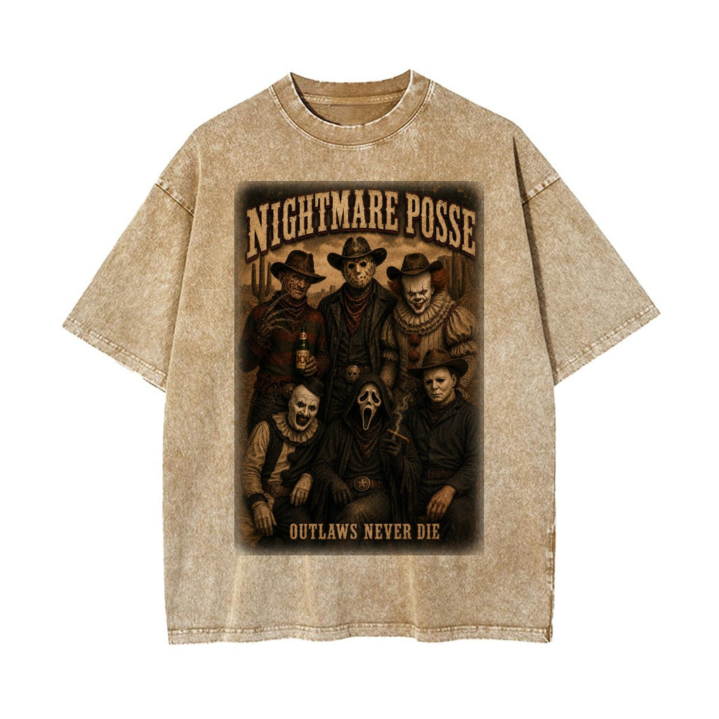 Nightmare Posse Outlaws Never Die Vintage Wash Horror Western Oversized T-Shirt