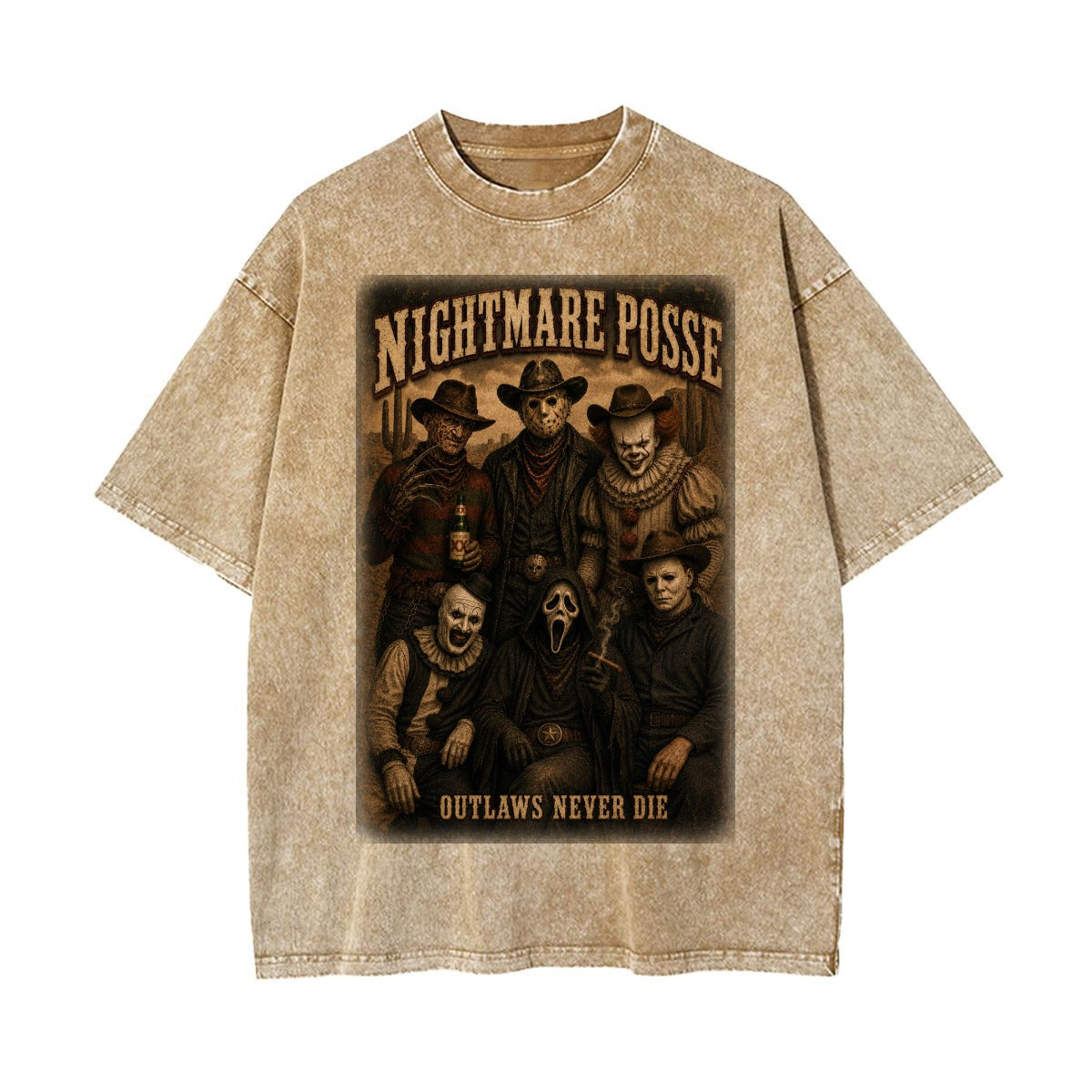 Nightmare Posse Outlaws Never Die Vintage Wash Horror Western Oversized T-Shirt