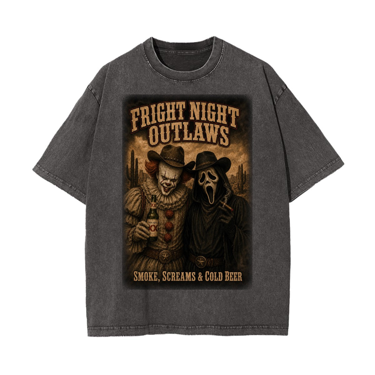 Fright Night Outlaws Vintage Wash Horror Western Oversized Graphic T-Shirt