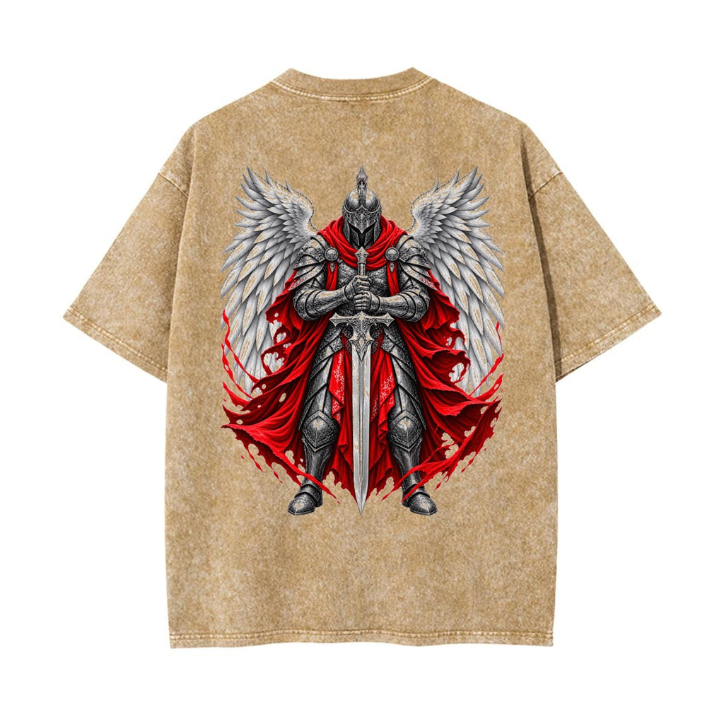 Heaven’s Warrior Angel Graphic Tee – Gothic Cross Front & Winged Knight Back