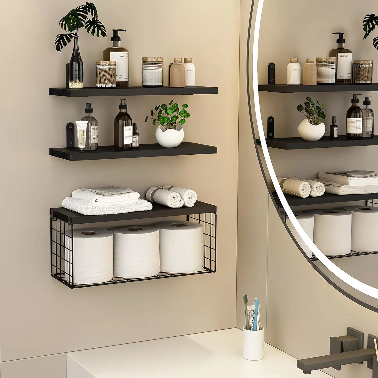 Modern Floating Shelf Set with Metal Baskets