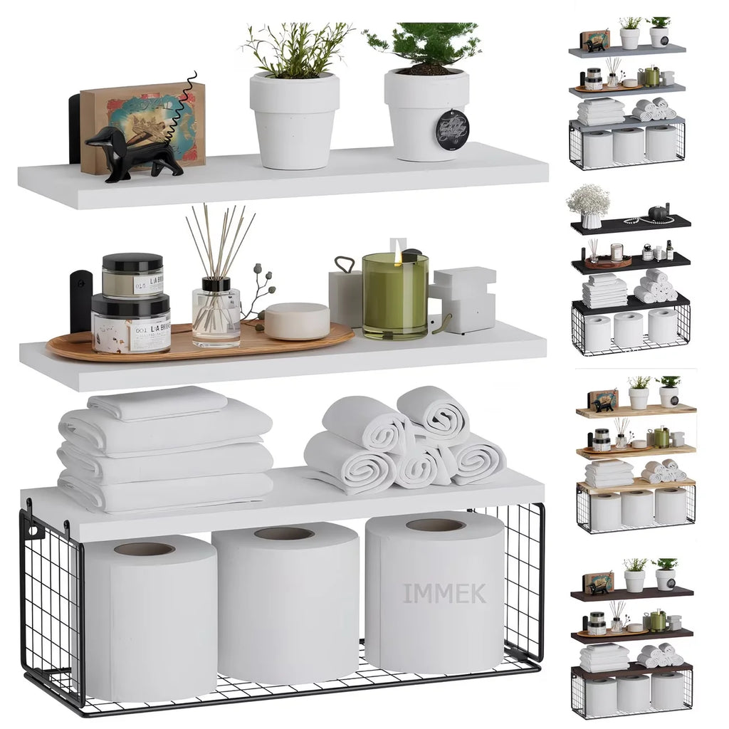 Modern Floating Shelf Set with Metal Baskets