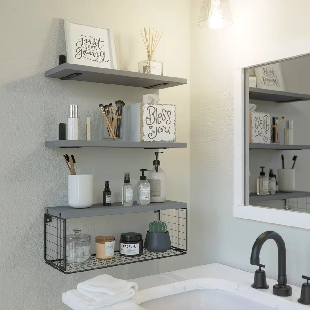 Modern Floating Shelf Set with Metal Baskets