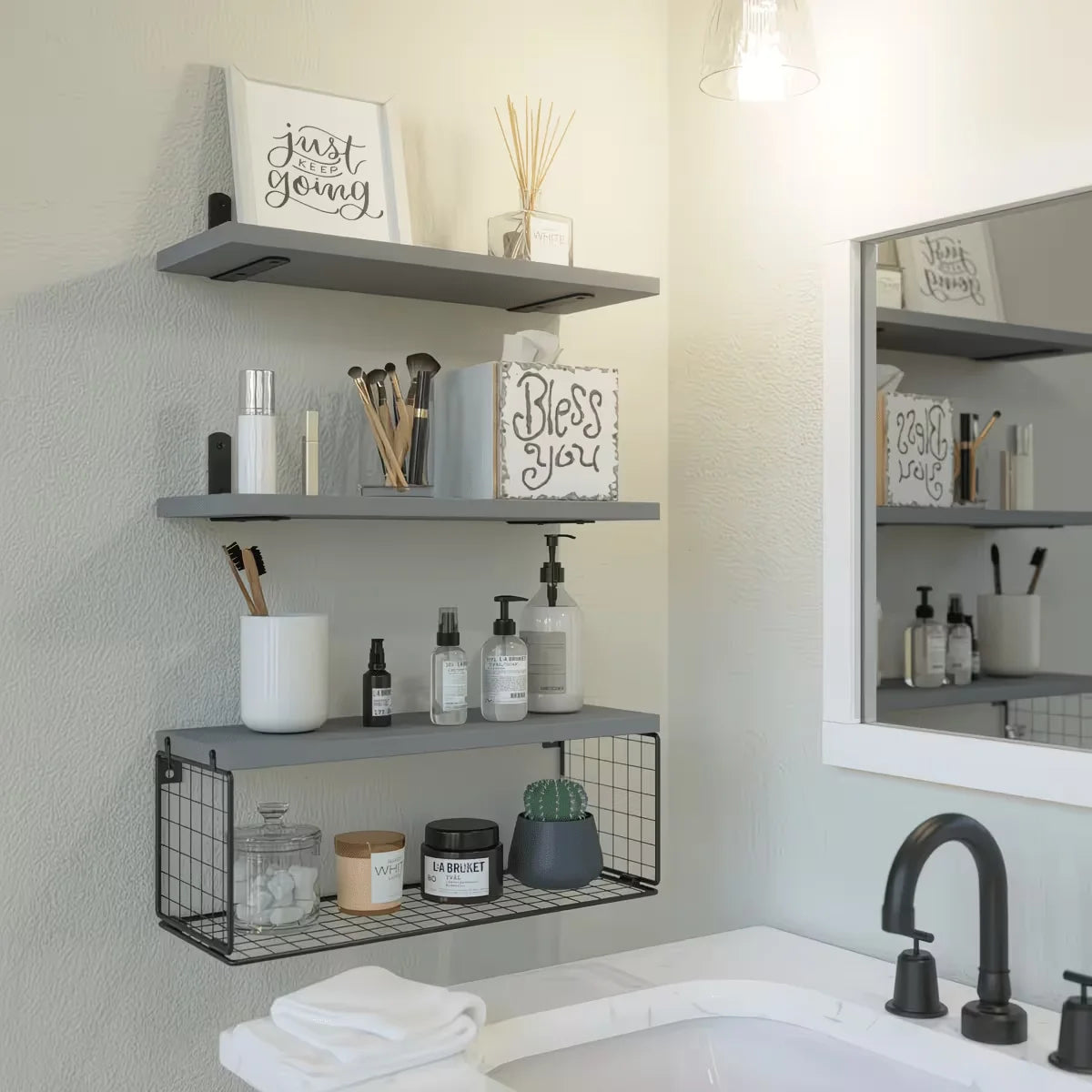 Modern Floating Shelf Set with Metal Baskets