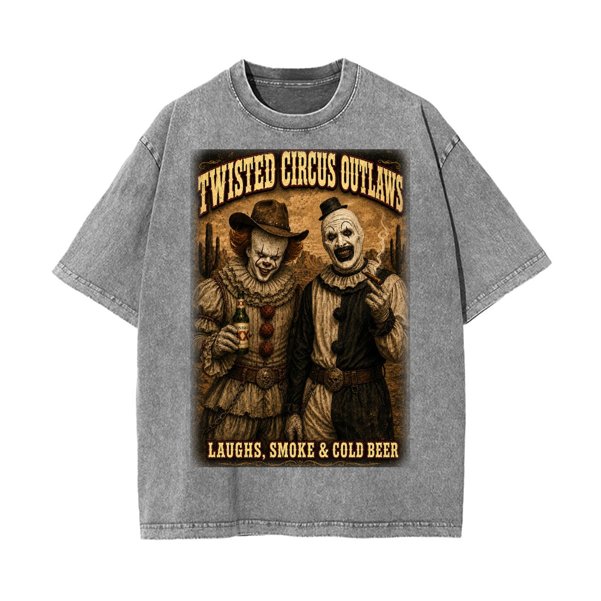 Twisted Circus Outlaws Vintage Wash Horror Clown Oversized Graphic T-Shirt