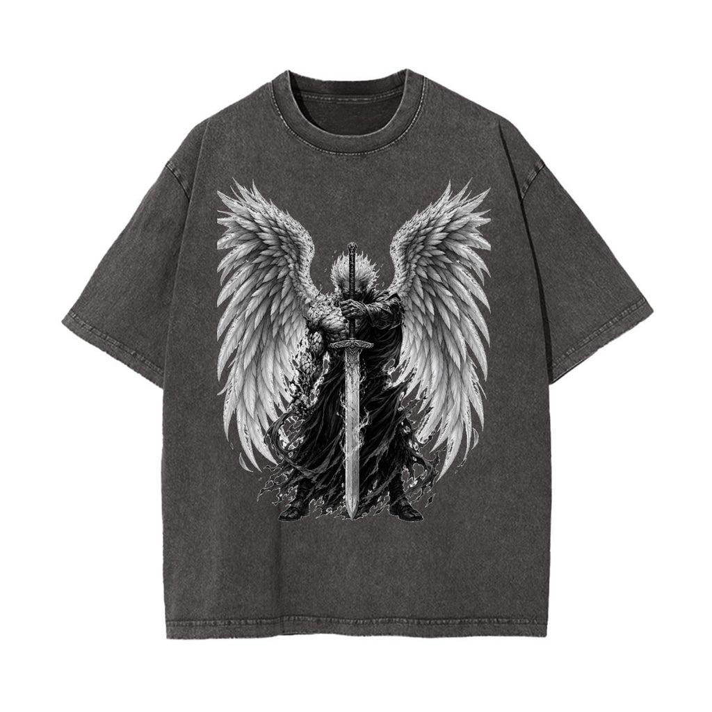 Fallen Angel Warrior Graphic Tee – Vintage Washed Oversized Shirt