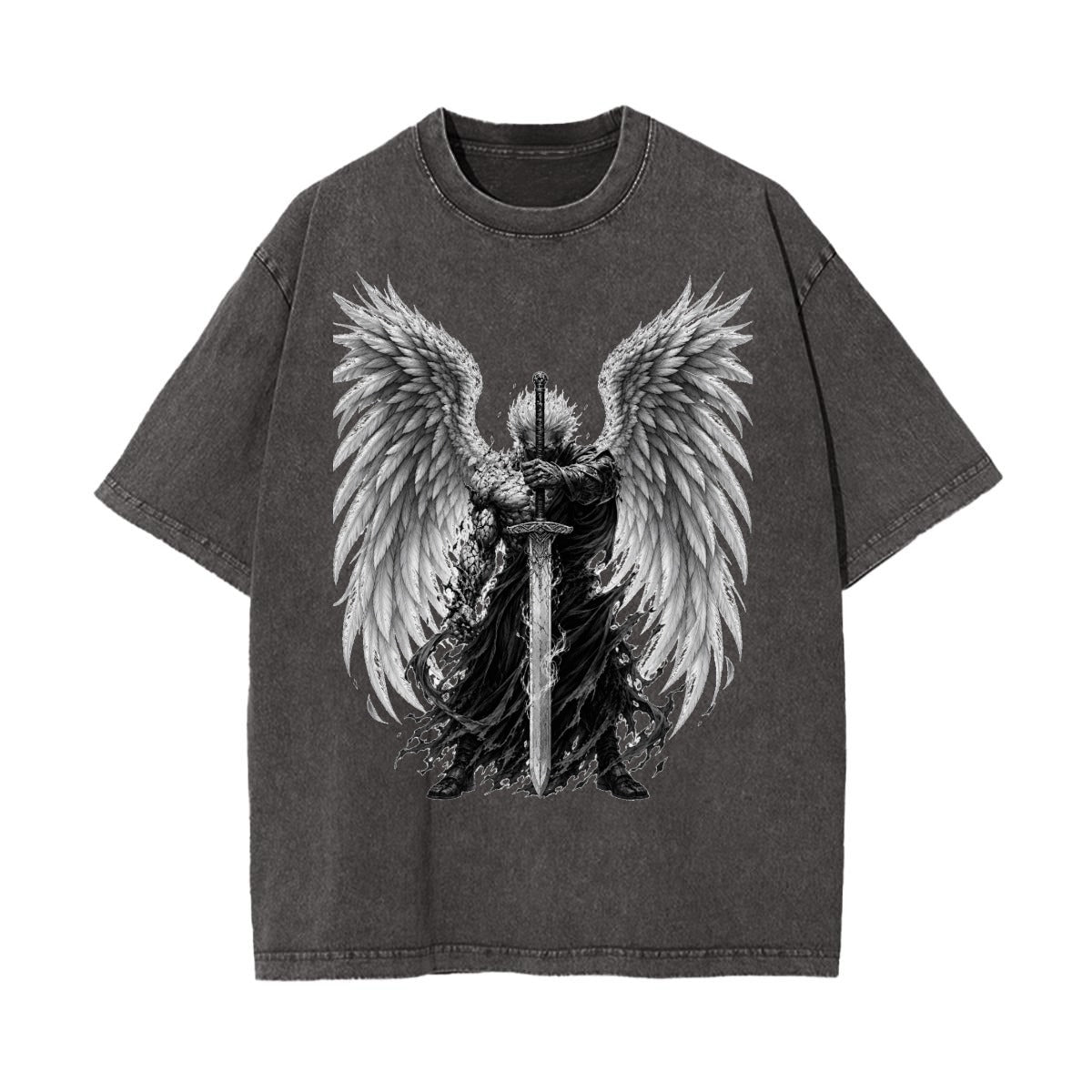 Fallen Angel Warrior Graphic Tee – Vintage Washed Oversized Shirt