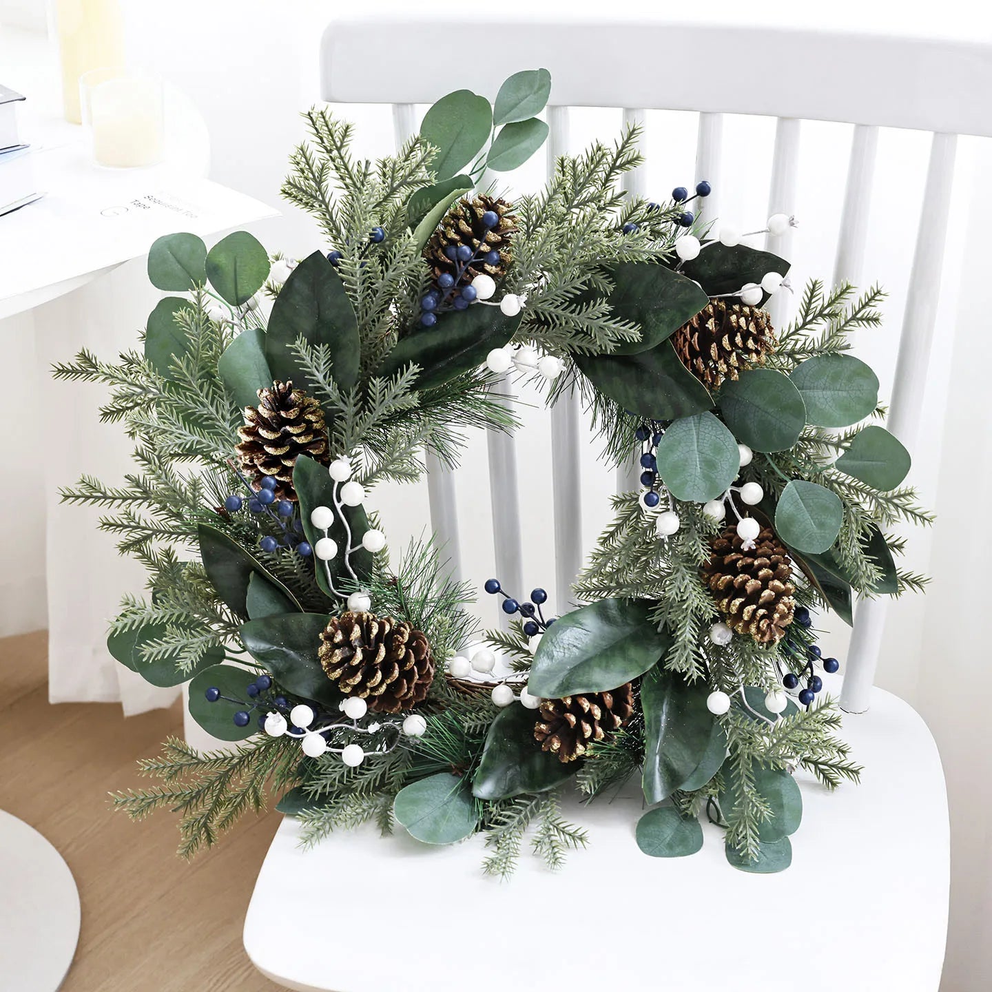 Eucalyptus Christmas Wreath with Pine Cones – Holiday Door & Wall Décor