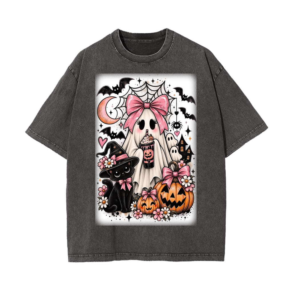 Pink Spooky Ghost & Black Cat Halloween Vintage Wash Graphic T-Shirt