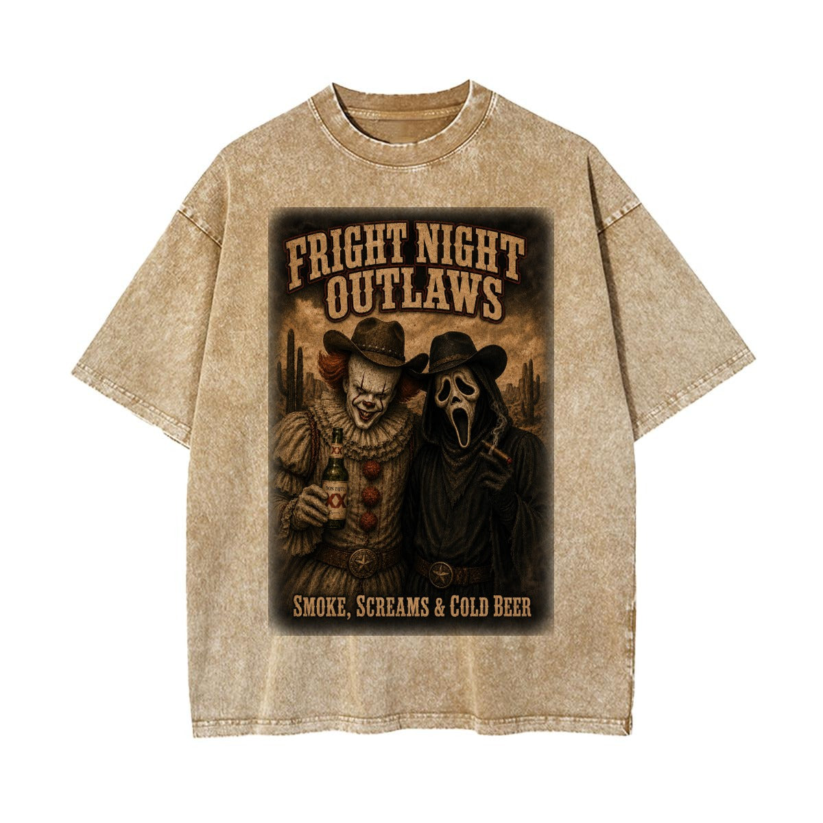 Fright Night Outlaws Vintage Wash Horror Western Oversized Graphic T-Shirt