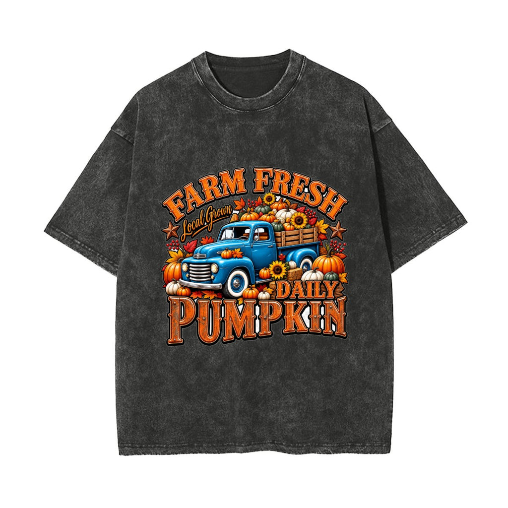 Farm Fresh Pumpkin Truck Fall Vintage Wash Graphic T-Shirt