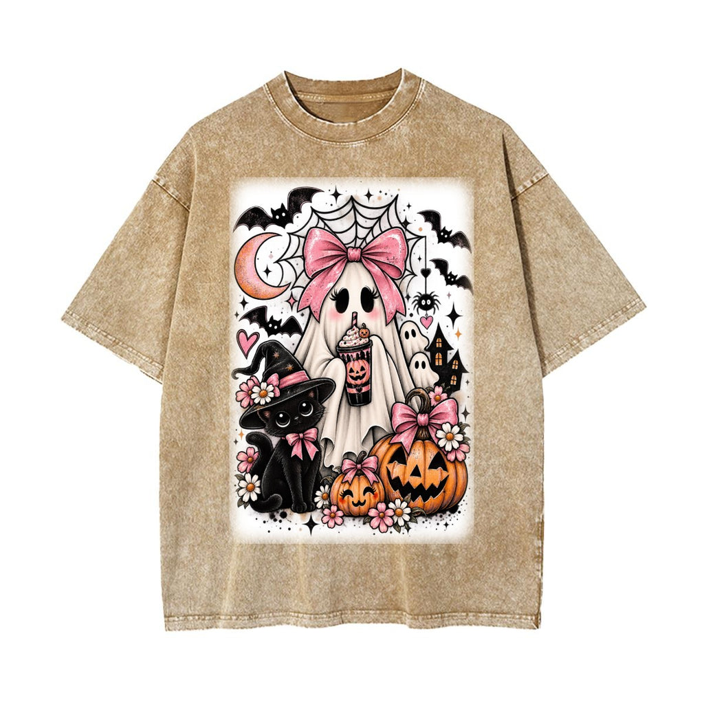 Pink Spooky Ghost & Black Cat Halloween Vintage Wash Graphic T-Shirt