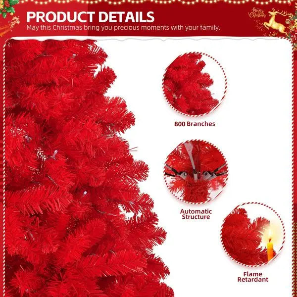 6 FT Hinged Red Christmas Tree with 800 Branch Tips & Metal Stand