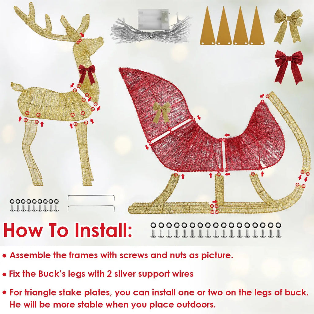 LED Christmas Reindeer & Sleigh Decoration with 8 Lighting Modes