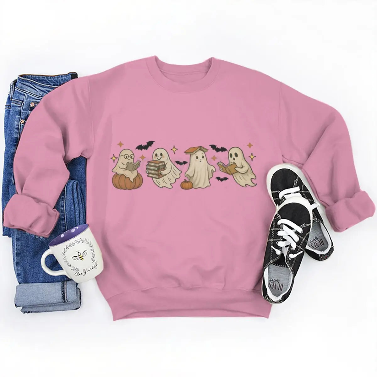 Halloween Ghost Pumpkin Oversized Sweatshirt | Cozy Fall Crewneck for Women