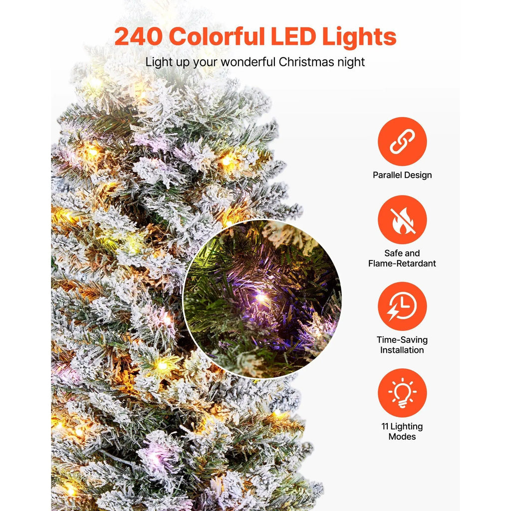 6 FT Snow-Flocked Artificial Christmas Tree – 240 LED Lights & 11 Light Modes