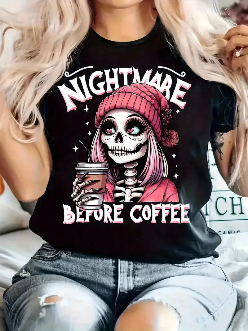 Nightmare Before Coffee Skeleton Graphic T-Shirt | Cute Halloween Tee