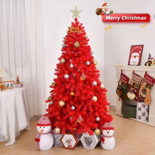 6 FT Hinged Red Christmas Tree with 800 Branch Tips & Metal Stand