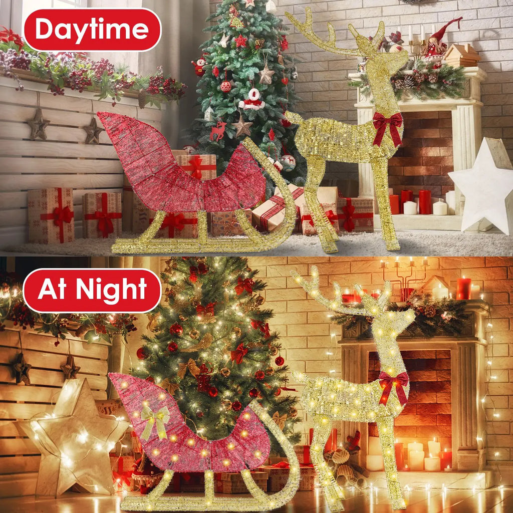 LED Christmas Reindeer & Sleigh Decoration with 8 Lighting Modes