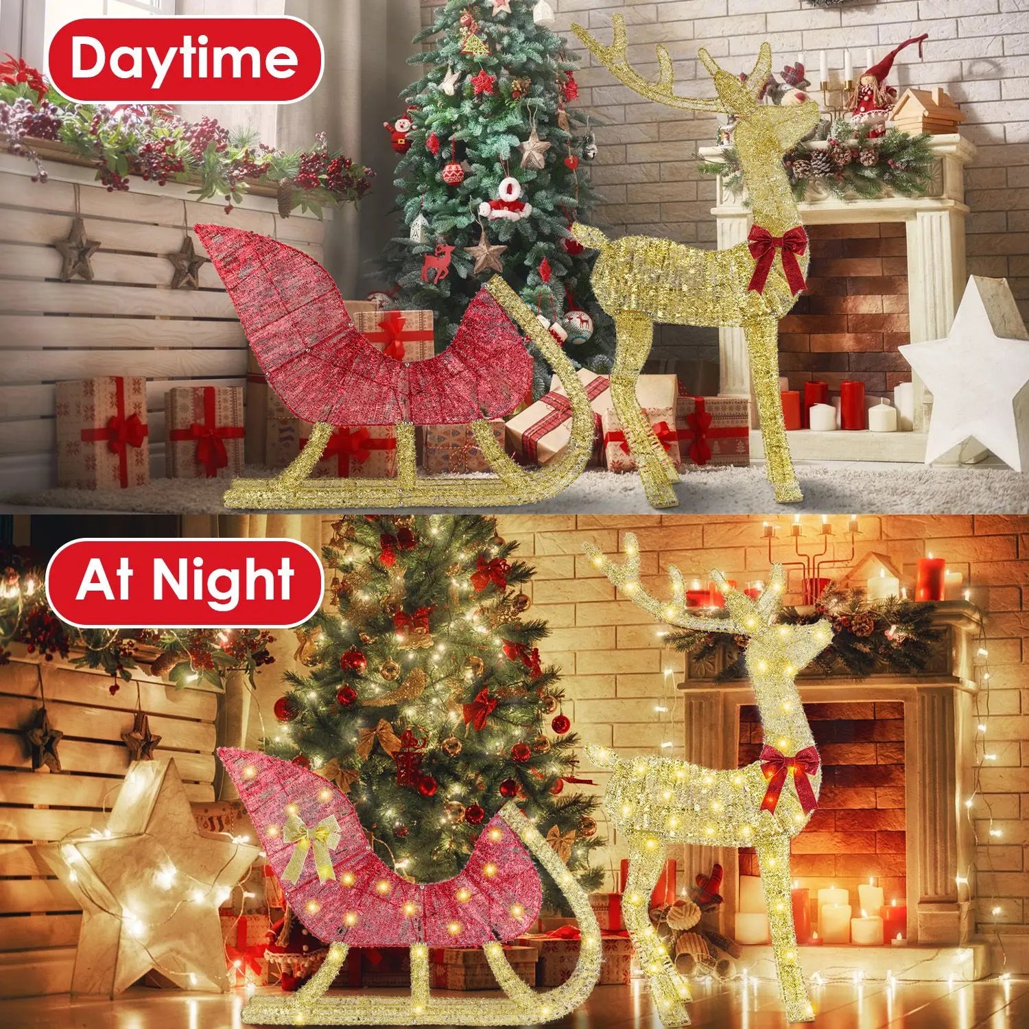 LED Christmas Reindeer & Sleigh Decoration with 8 Lighting Modes