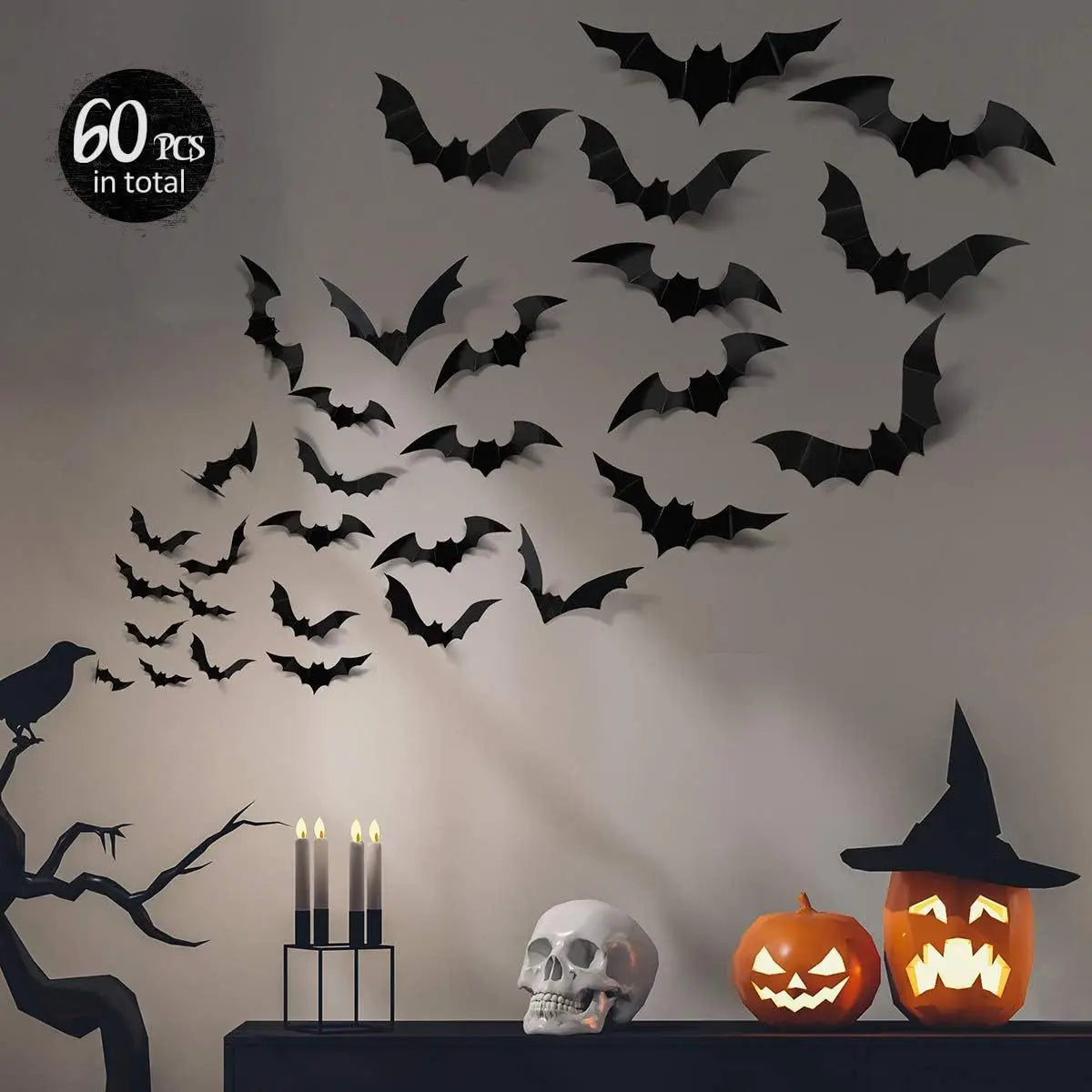 12-Piece 3D Halloween Bat Wall Sticker Set