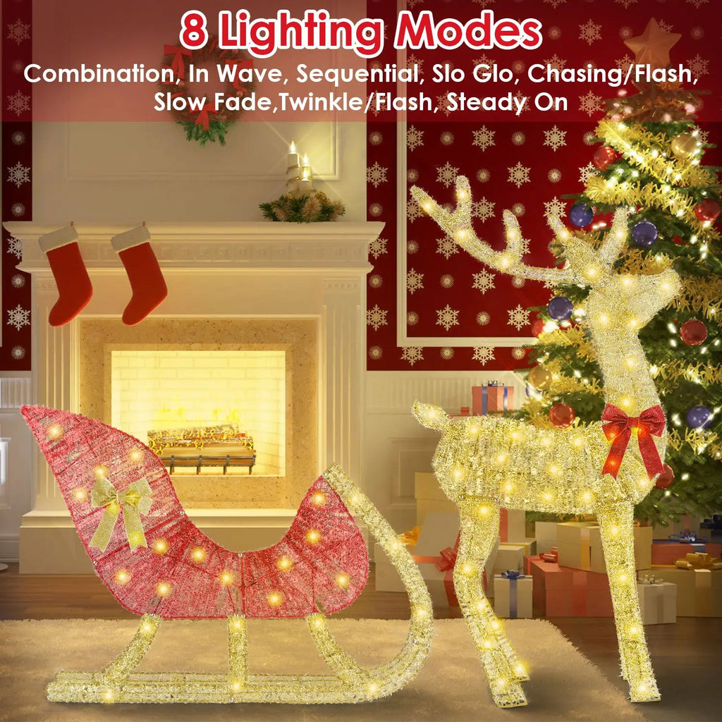 LED Christmas Reindeer & Sleigh Decoration with 8 Lighting Modes